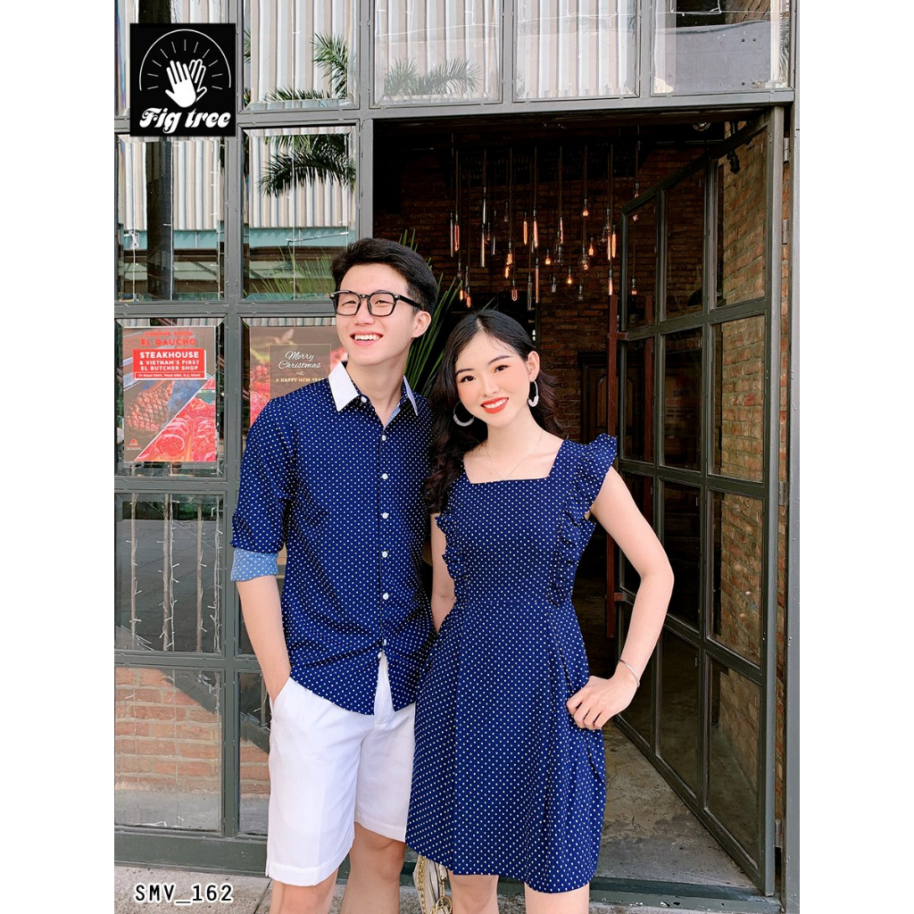 Set Sơ Mi Váy Đôi Fig Tree Chấm Bi Màu Xanh Cực Xinh, Chất cotton, có nhiều size ( Mã Số 162)