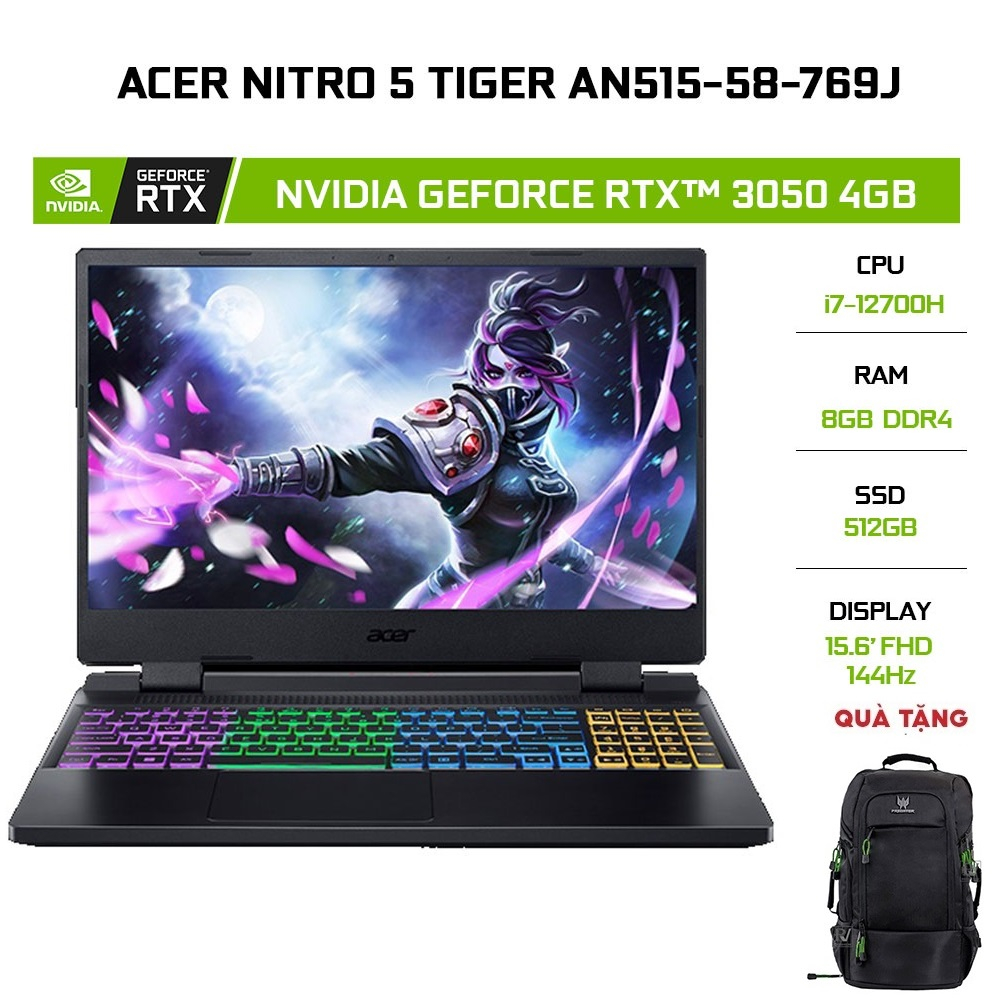 [Mã ELCL12 giảm 12% đơn 10TR] Laptop Acer Nitro5 Tiger AN515-58-769J i7-12700H| 8GB| 512GB| Geforce RTX3050 4GB