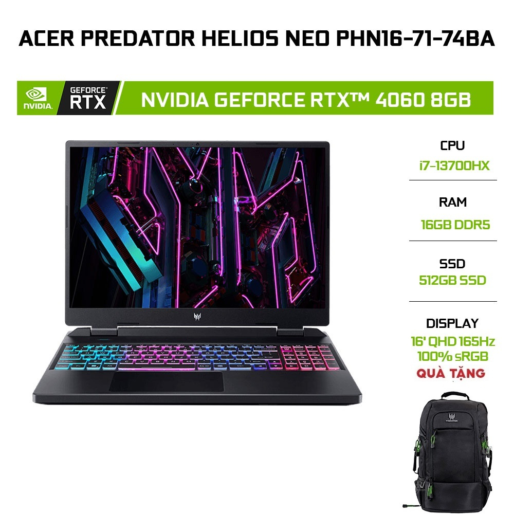[Mã ELCL12 giảm 12% đơn 10TR] Laptop Acer Predator Helios Neo PHN16-71-74BA (i7-13700HX16G512GRTX™ 4060 8G)