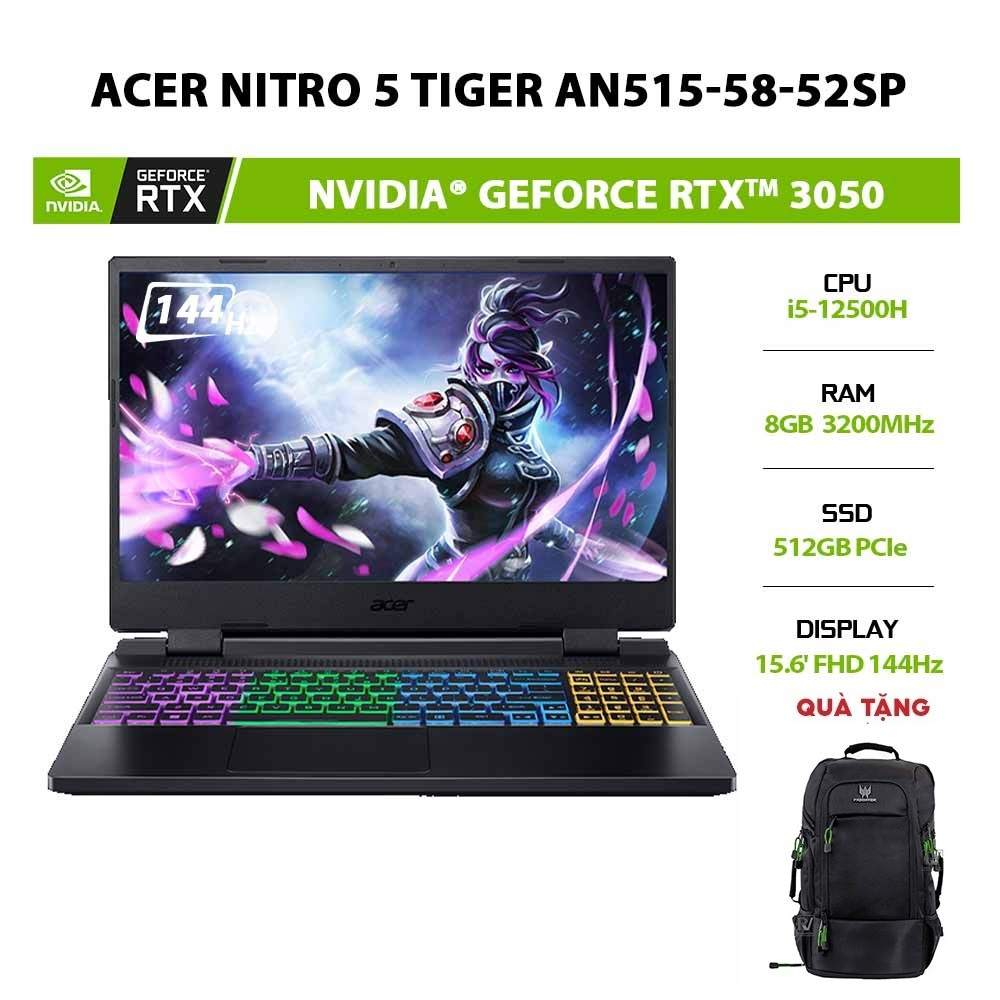 [Mã ELCL12 giảm 12% đơn 10TR] Laptop Acer Nitro 5 Tiger AN515-58-52SP i5-12500H8G512GRTX™ 3050 4G15.6 144Hz