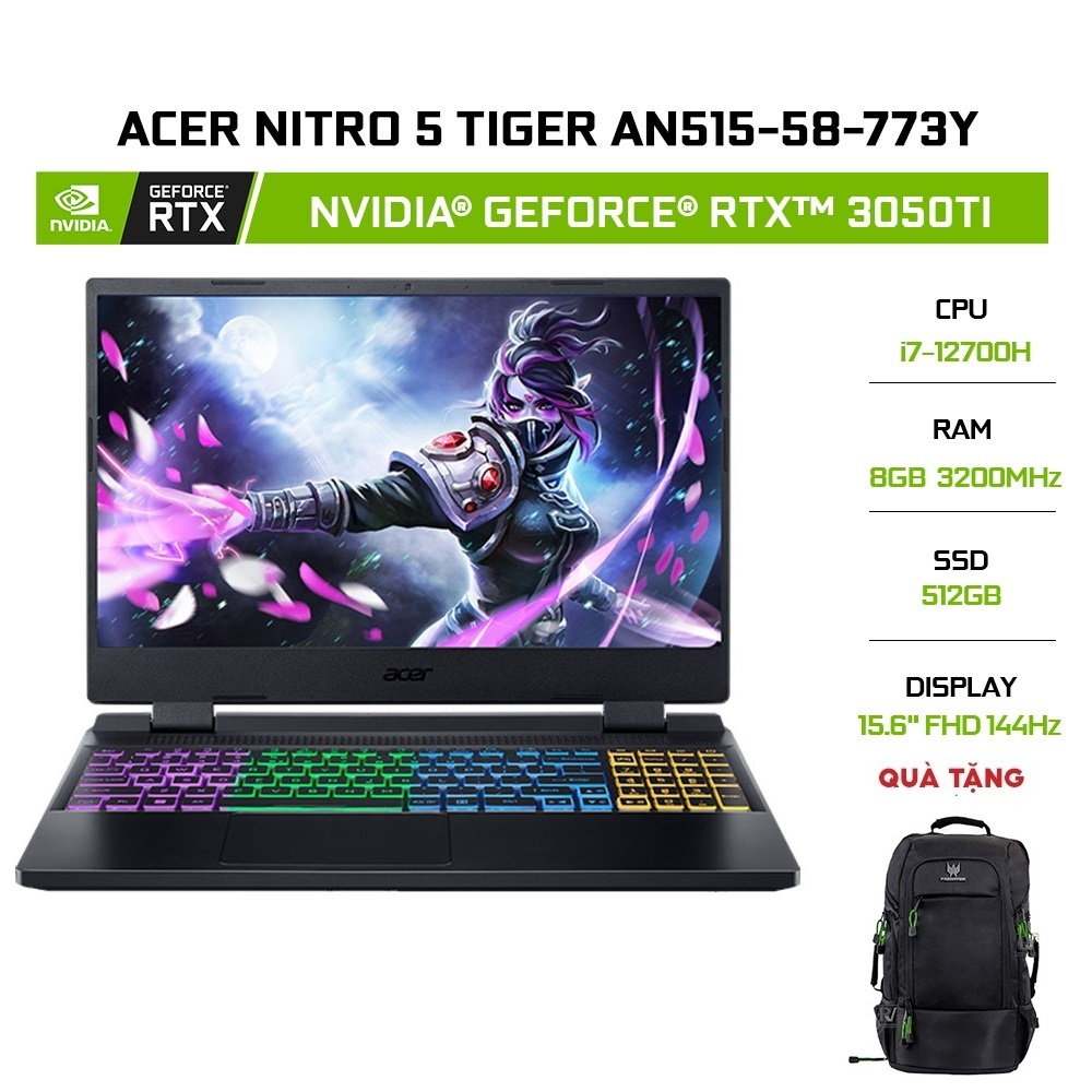 [Mã ELCL12 giảm 12% đơn 10TR] Laptop Acer Nitro 5 Tiger AN515-58-773Y i7-12700H|8GB|512GB|RTX™ 3050Ti|15.6FHD144Hz|W11
