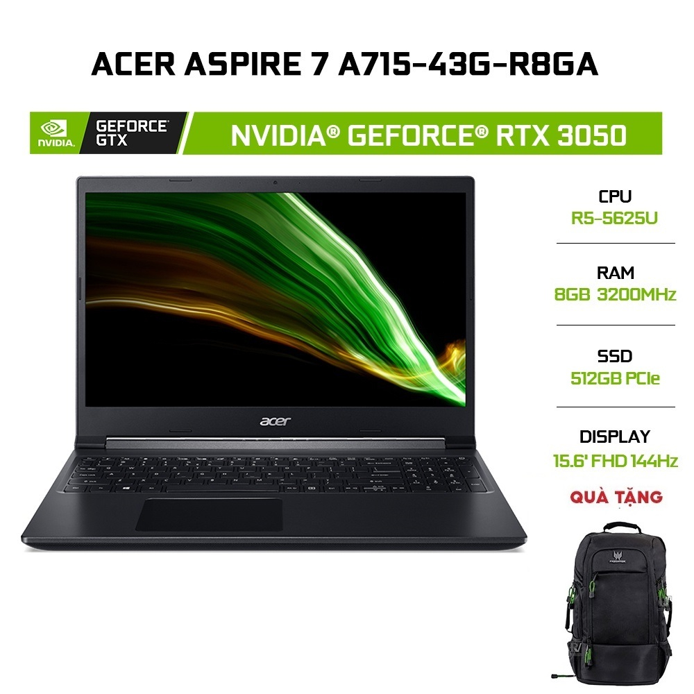 [Mã ELCL12 giảm 12% đơn 10TR] Laptop Acer Aspire 7 A715-43G-R8GA (R5-5625U|8GB|512GB|RTX™ 3050 4GB|15.6)