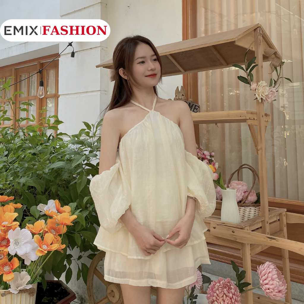 Set tơ cổ yếm tay bồng EMIX, freesize dưới 55kg, chất tơ nhăn hàng 2 lớp áo kèm quần short, phong cách basic 3170