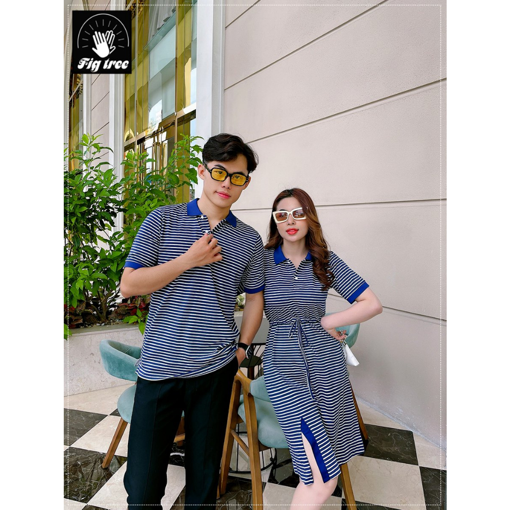 Combo áo gia đình Fig Tree polo sọc xanh đen trắng