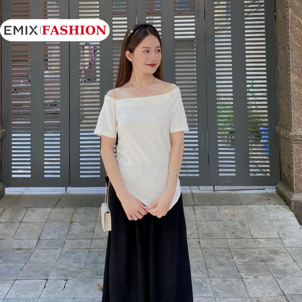Áo thun nữ kiểu trễ vai EMIX, chất thun vạt nhọn dễ mix đồ freesize dưới 58kg phong cách basic Ao828