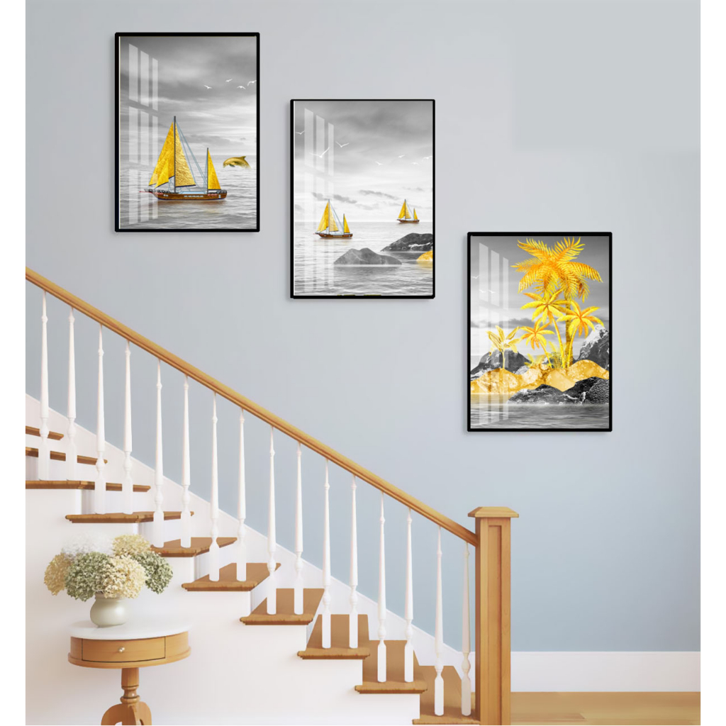 Bộ 3 Tranh Treo Cầu Thang Tráng Gương Cao Cấp Chủ Đề Biển Khơi Trang Trí Nhà OHA Decor