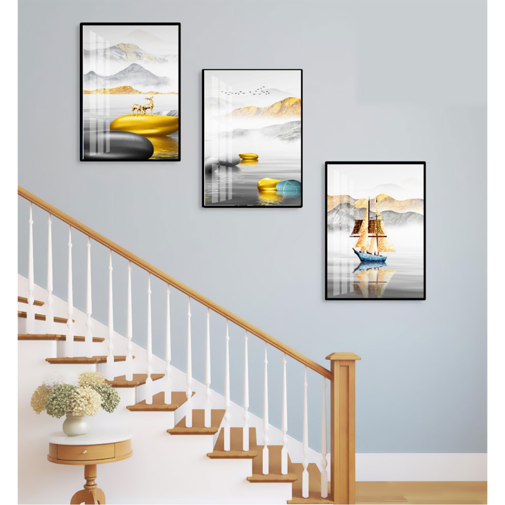 Bộ 3 Tranh Treo Cầu Thang Tráng Gương Cao Cấp Chủ Đề Biển Khơi Trang Trí Nhà OHA Decor