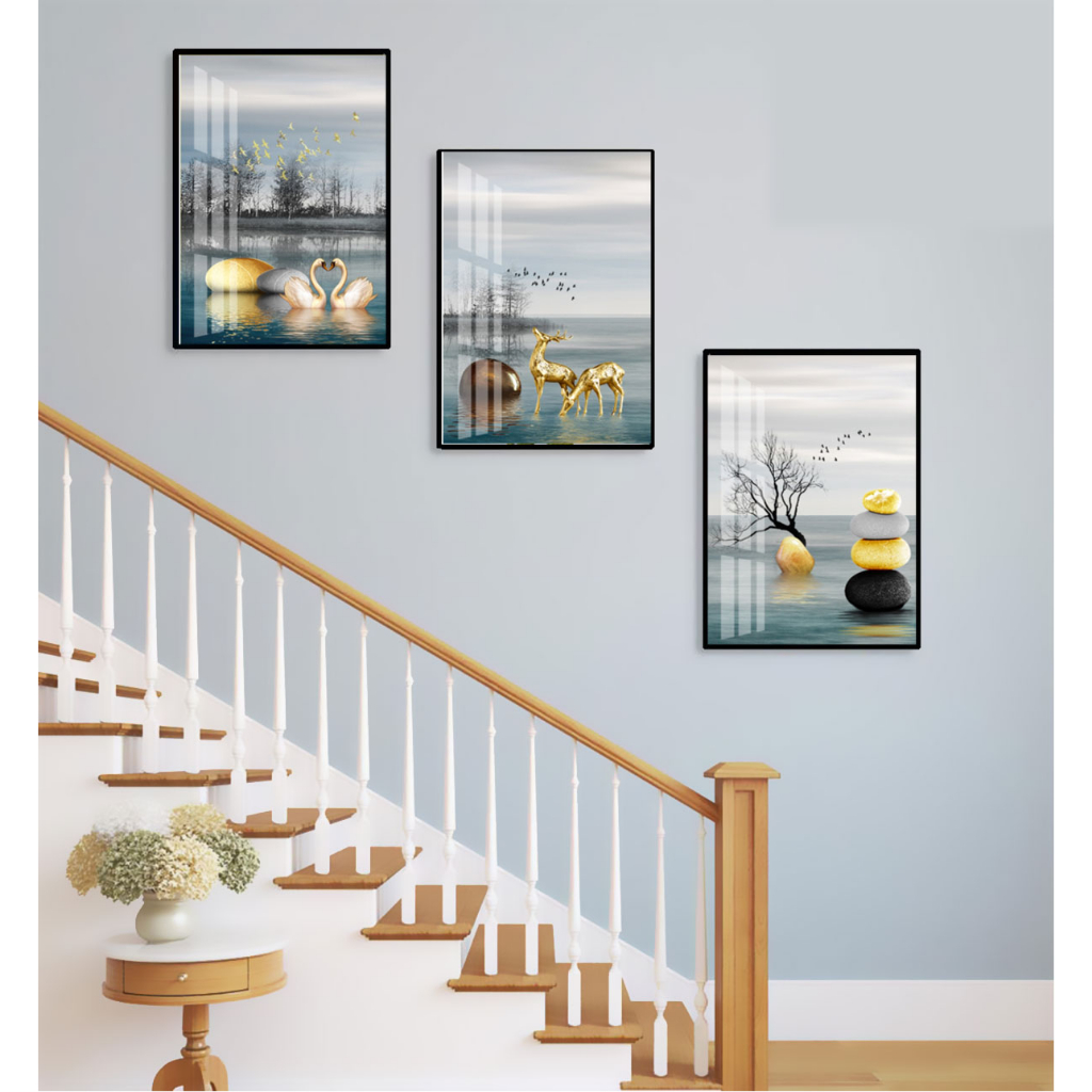 Bộ 3 Tranh Treo Cầu Thang Tráng Gương Cao Cấp Chủ Đề Biển Khơi Trang Trí Nhà OHA Decor