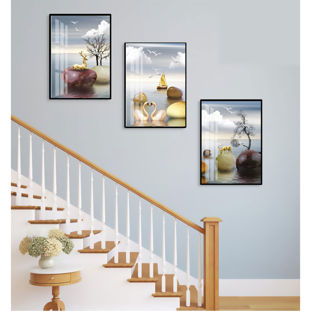 Bộ 3 Tranh Treo Cầu Thang Tráng Gương Cao Cấp Chủ Đề Biển Khơi Trang Trí Nhà OHA Decor