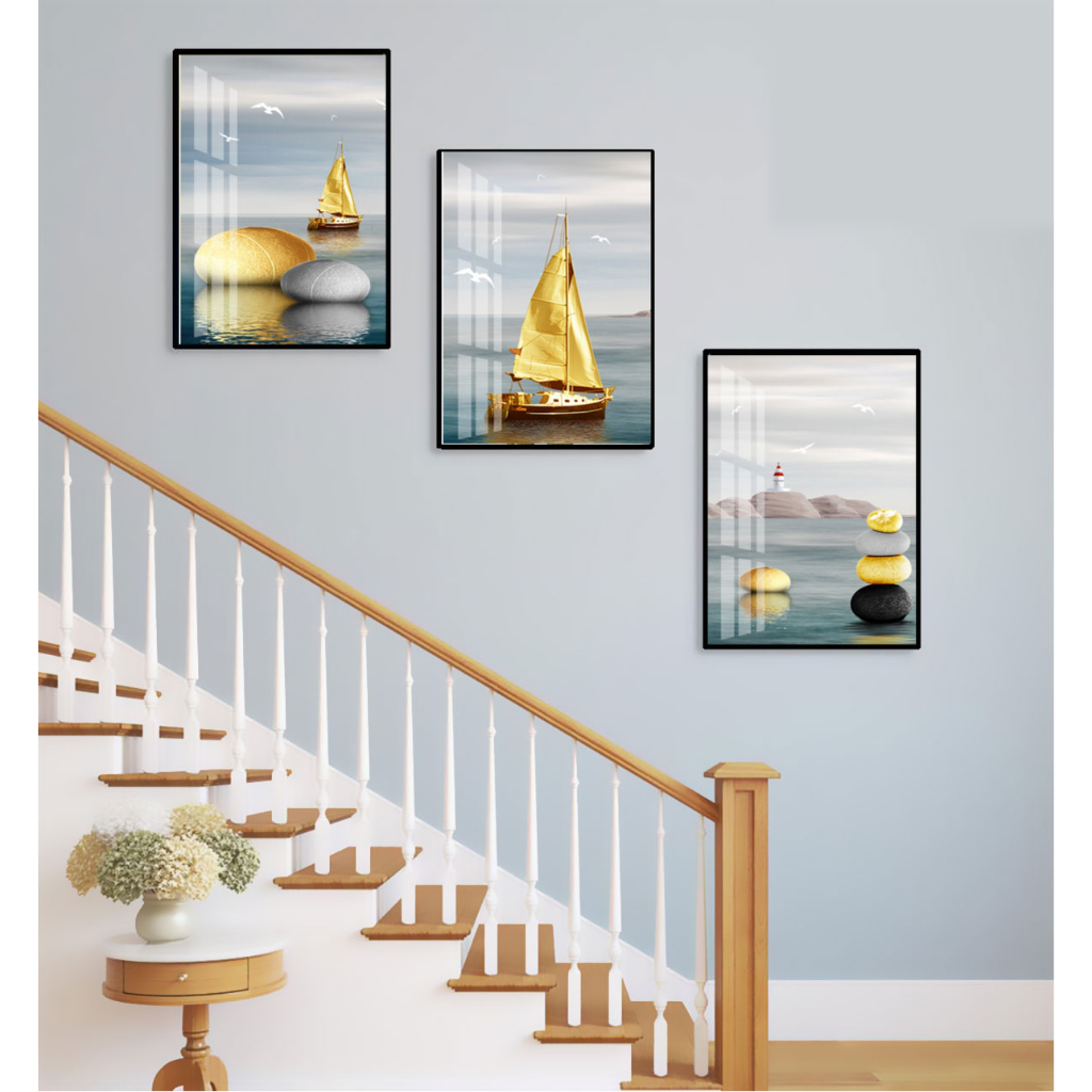 Bộ 3 Tranh Treo Cầu Thang Tráng Gương Cao Cấp Chủ Đề Biển Khơi Trang Trí Nhà OHA Decor