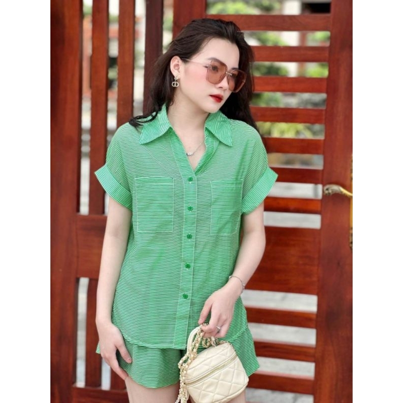 Set tơ mềm cổ sơ mi có túi áo