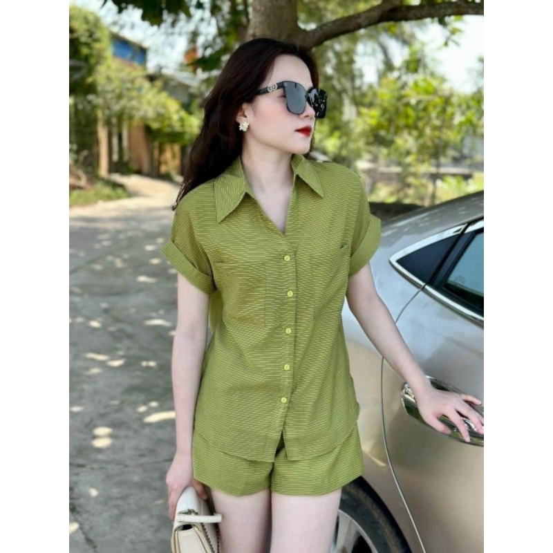 Set tơ mềm cổ sơ mi có túi áo
