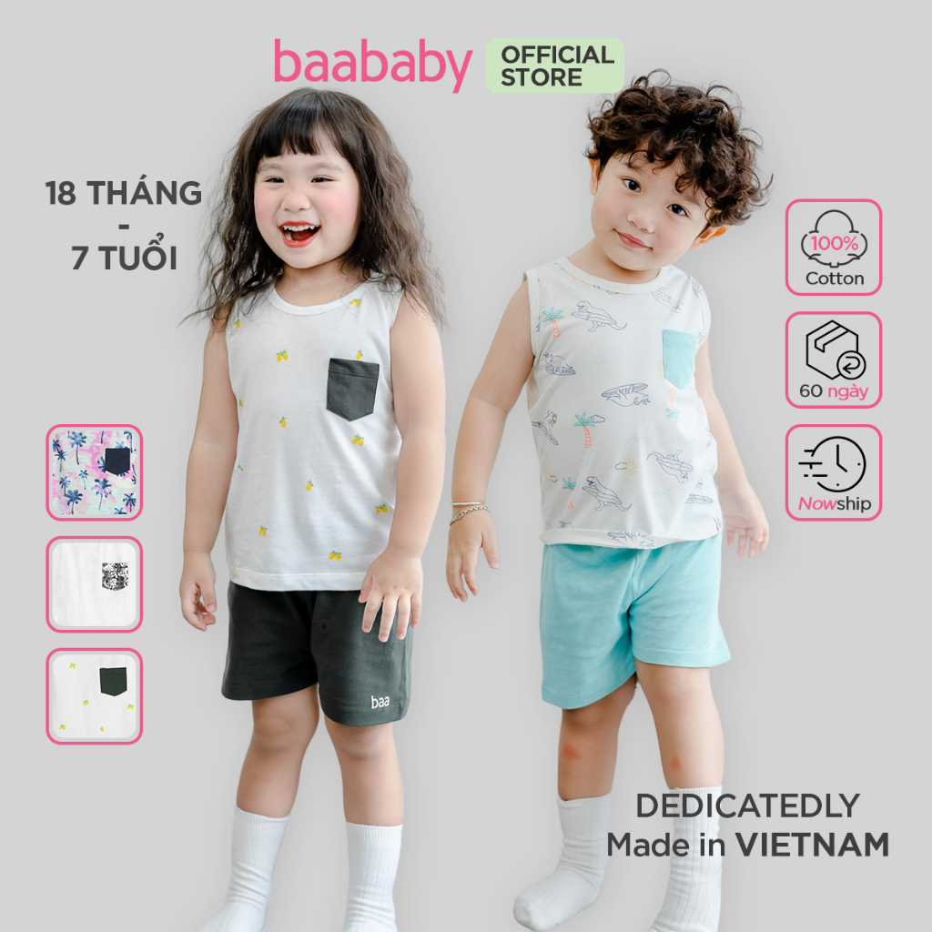 Set đồ bộ ba lỗ bé trai BAA BABY bộ cộc tay phối túi cho bé từ 1 tuổi - 7 tuổi - B-BT-DB10C-03
