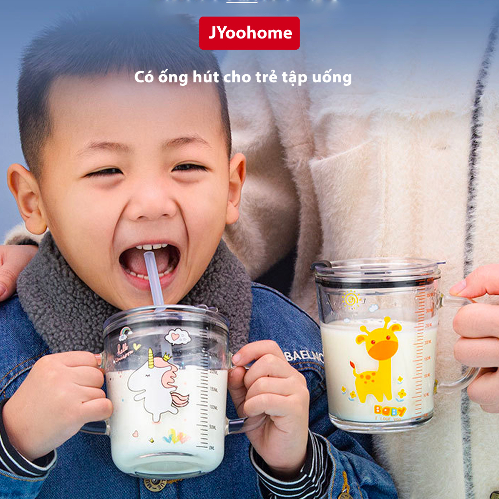 Cốc Chia Vạch Thuỷ Tinh JYoohome Cốc Pha Sữa Cho Bé Có Ống Hút Dùng Cho Bé Tập Uống 400ml