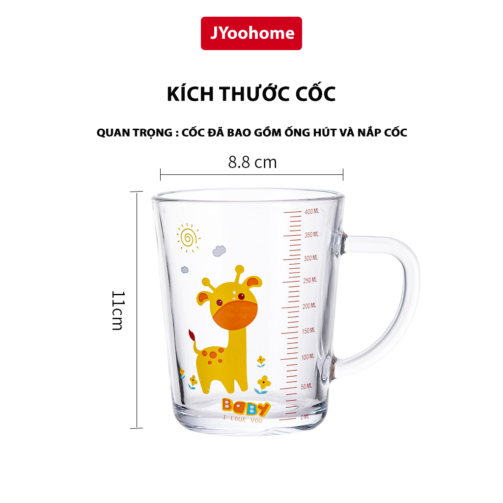Cốc Chia Vạch Thuỷ Tinh JYoohome Cốc Pha Sữa Cho Bé Có Ống Hút Dùng Cho Bé Tập Uống 400ml