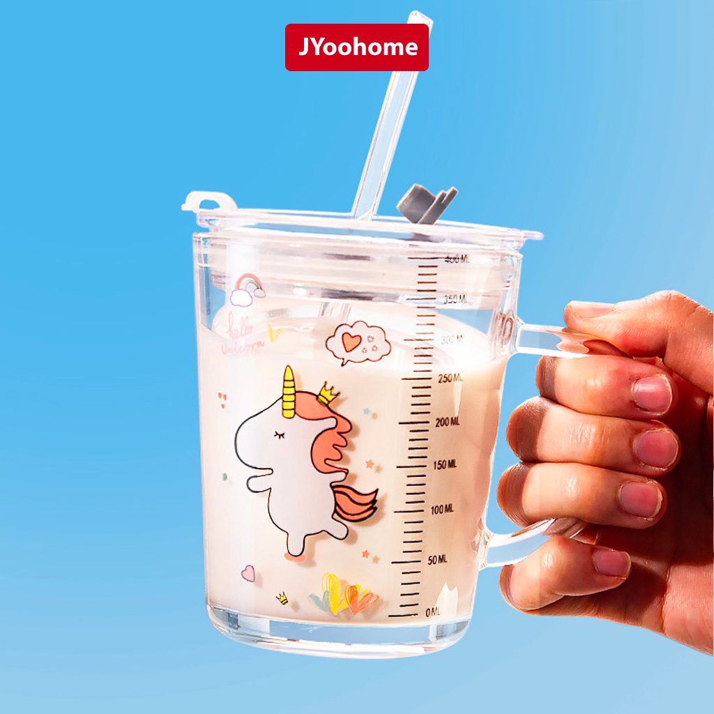 Cốc Chia Vạch Thuỷ Tinh JYoohome Cốc Pha Sữa Cho Bé Có Ống Hút Dùng Cho Bé Tập Uống 400ml