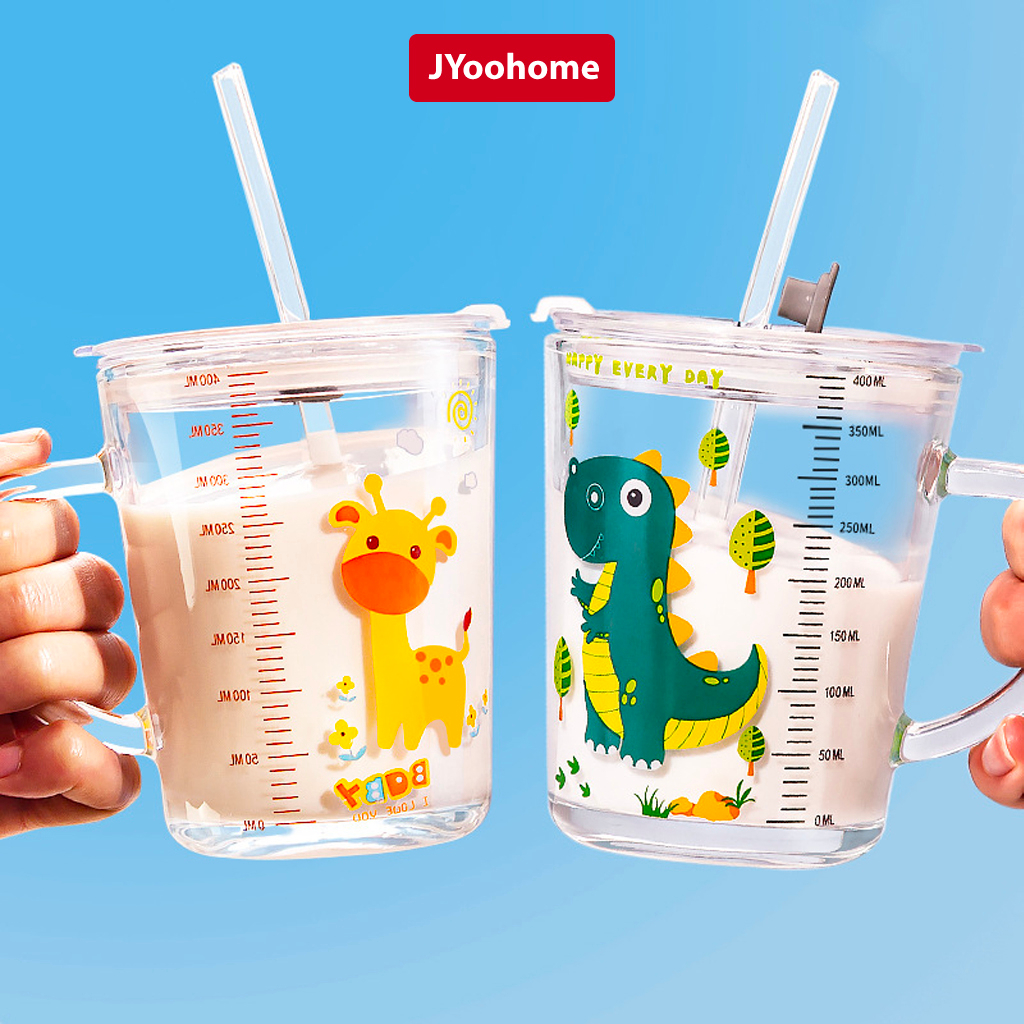 Cốc Chia Vạch Thuỷ Tinh JYoohome Cốc Pha Sữa Cho Bé Có Ống Hút Dùng Cho Bé Tập Uống 400ml