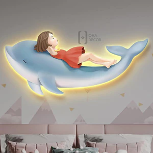 Tranh Cắt 3D LED Cô Gái Và Cá Heo Trang Trí Nhà, Quán Cà Phê Hiện Đại Xưởng Giá Rẻ