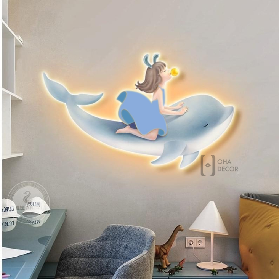 Tranh 3D LED Cắt Cô Gái Và Cá Heo Trang Trí Nhà, Quán Cà Phê Hiện Đại Xưởng Giá Rẻ
