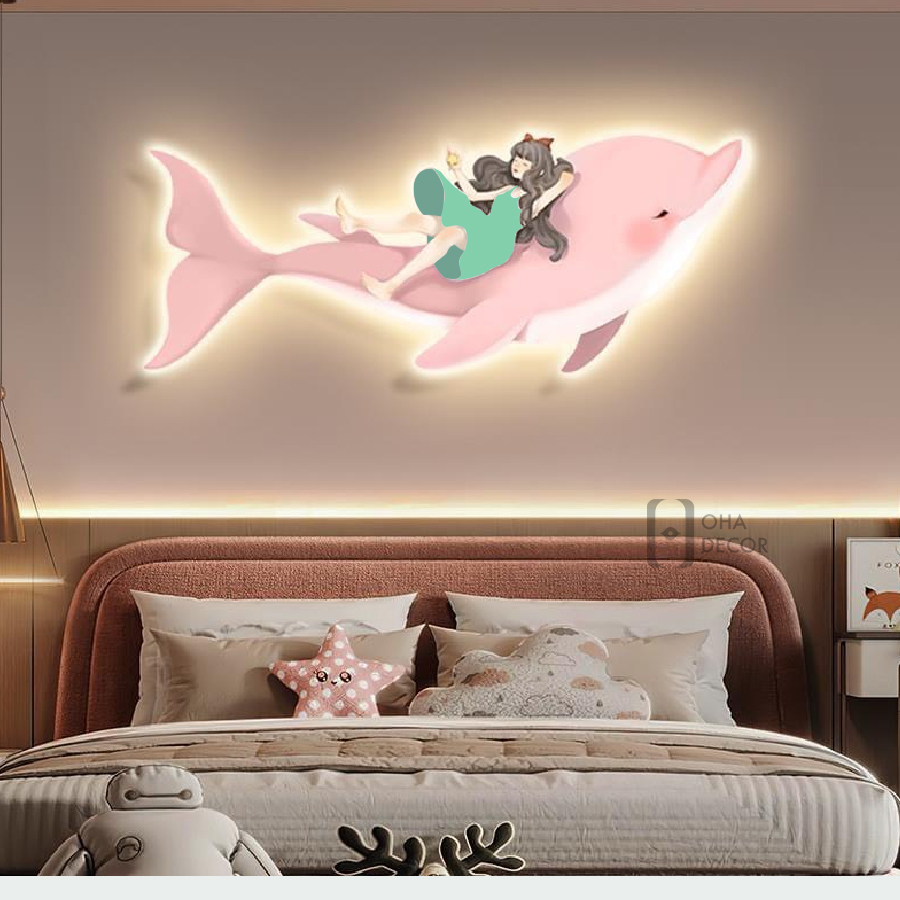 Tranh 3D LED Cắt Cô Gái Và Cá Heo Trang Trí Nhà, Quán Cà Phê Hiện Đại Xưởng Giá Rẻ
