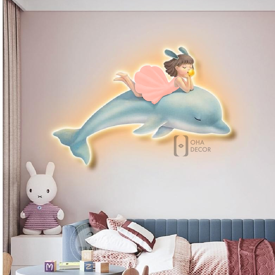 Tranh 3D LED Cắt Cô Gái Và Cá Heo Trang Trí Nhà, Quán Cà Phê Hiện Đại Xưởng Giá Rẻ