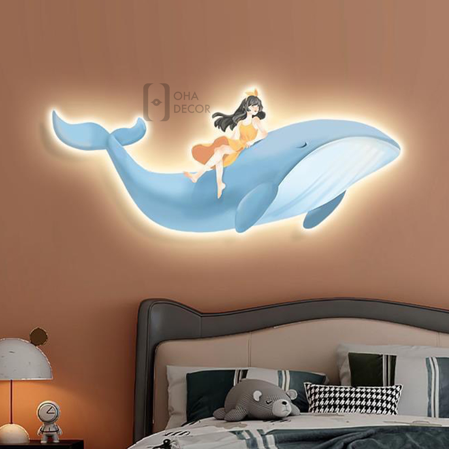 Tranh 3D LED Cô Gái Và Cá Heo Trang Trí Phòng Bé Phòng Khách Quán Tiệm Shop OHA Decor