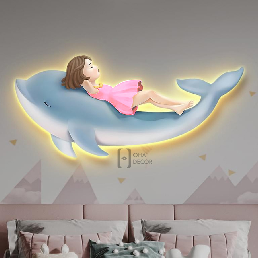 Tranh 3D LED Cô Gái Và Cá Heo Trang Trí Phòng Bé Phòng Khách Quán Tiệm Shop OHA Decor