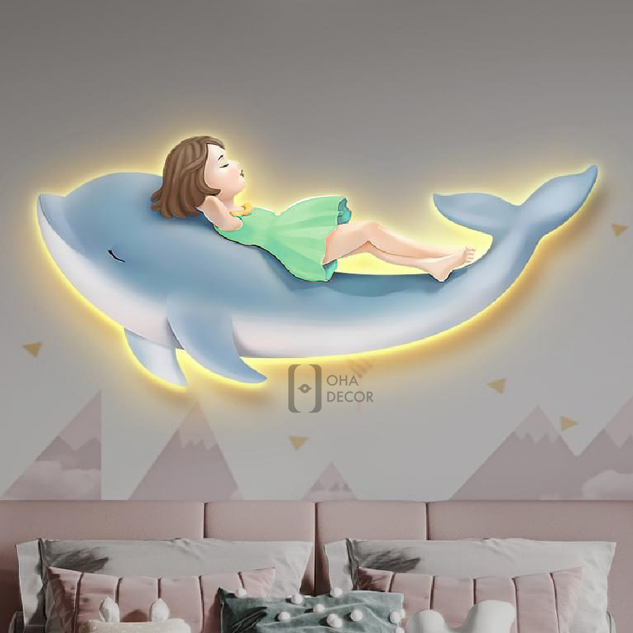 Tranh 3D LED Cô Gái Và Cá Heo Trang Trí Phòng Bé Phòng Khách Quán Tiệm Shop OHA Decor