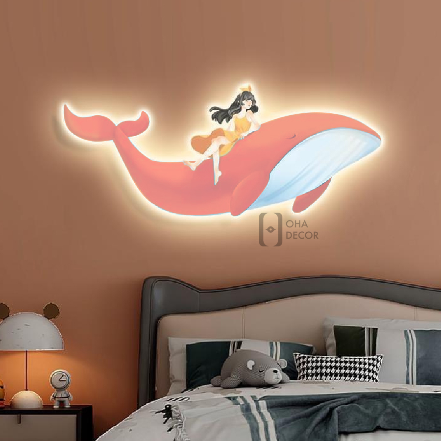 Tranh 3D LED Cô Gái Và Cá Heo Trang Trí Phòng Bé Phòng Khách Quán Tiệm Shop OHA Decor