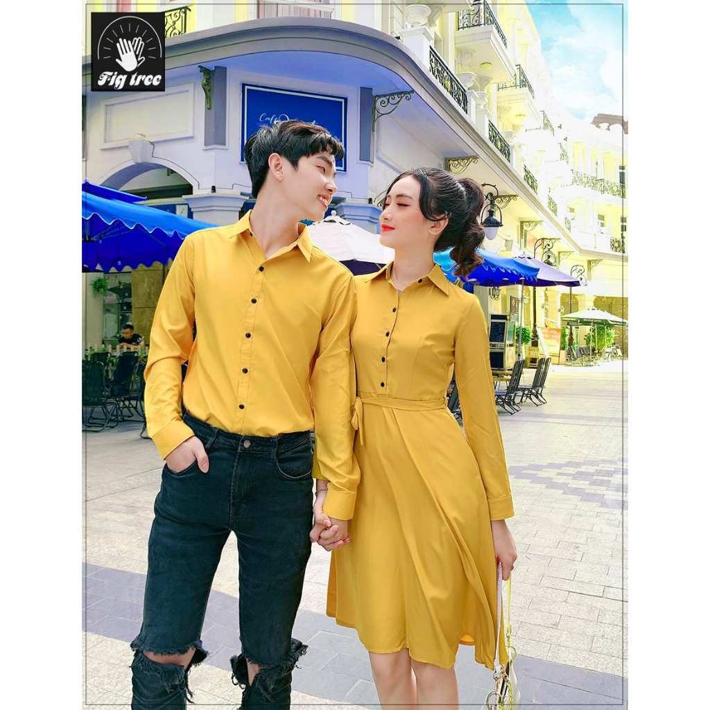 Set Sơ Mi Váy Đôi Fig TREE Màu Vàng ( Áo Nam Tay Dài - Nữ Váy Cổ Sơ Mi full size)