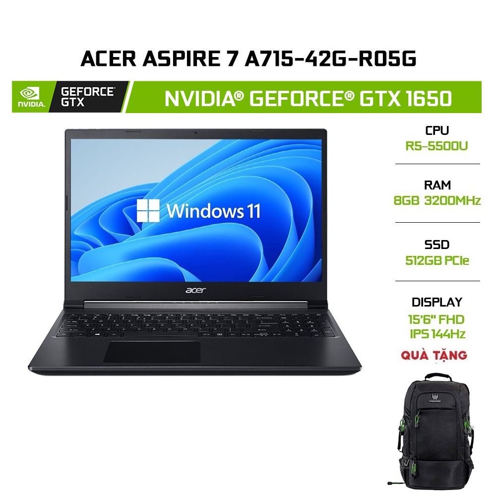 [Mã ELCL12 giảm 12% đơn 10TR] Laptop Acer Aspire 7 A715-42G-R05G R5-5500U 8GB 512GB 15.6 144Hz W11