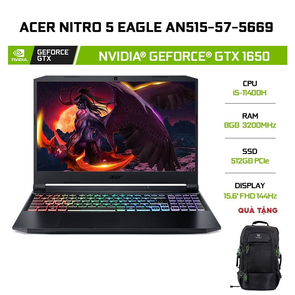 [Mã ELCL12 giảm 12% đơn 10TR] Laptop Acer Nitro 5 AN515-57-5669 i5-11400H 8GB 512GB GTX 1650 15.6144Hz
