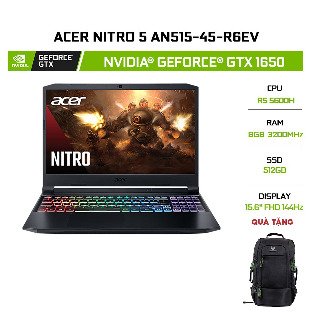 [Mã ELCL12 giảm 12% đơn 10TR] Laptop Acer Nitro 5 AN515-45-R6EV R5-5600H 8GB 512GB GTX1650 15.6144Hz W11