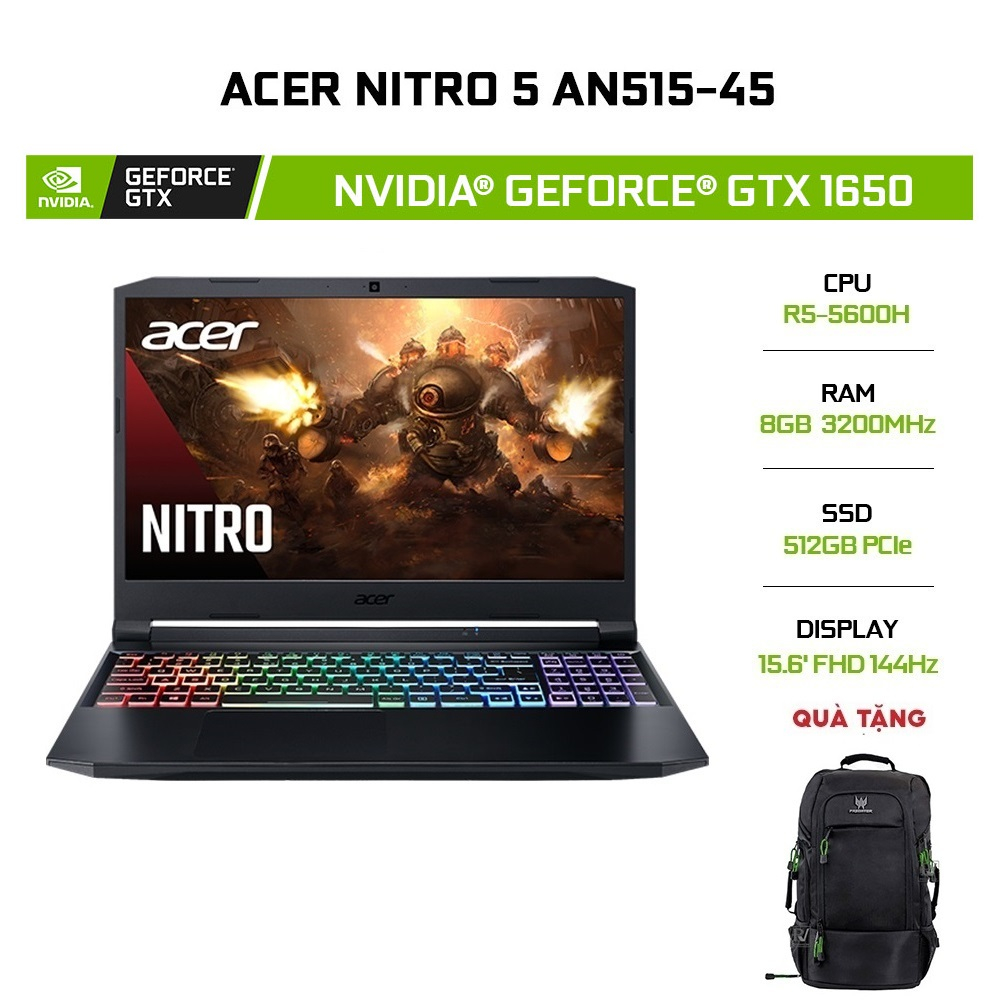 [Mã ELCL12 giảm 12% đơn 10TR] Laptop Acer Nitro 5 AN515-45 GTX1650 R5-5600H 8GB 512GB 15.6144Hz