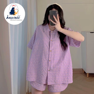 ĐỒ BỘ PIJAMA ĐÙI SIZE 40 - 60KG, ĐỒ MẶC NHÀ CỘC TAY KẺ CARO, ĐỒ BỘ NGỦ CỔ BẺ SƠ MI