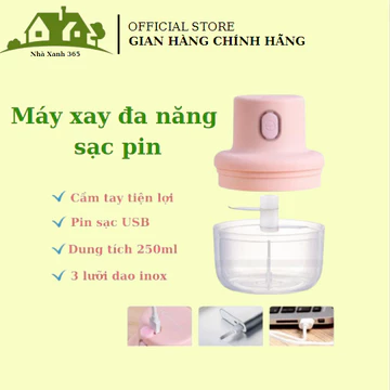 Máy Xay Mini Sạc Điện Nắp Hồng 250ml, Máy Xay Thịt Cầm Tay Mini – Máy Xay Tỏi Ớt, Củ Quả Đa Năng, Có Cổng