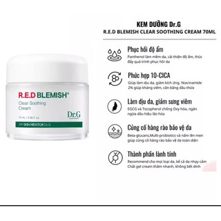 Kem Dưỡng ẩm DR.G R.E.D Blemish Clear Soothing Cream Làm Dịu, Phục Hồi Da 70ml Duduhouse