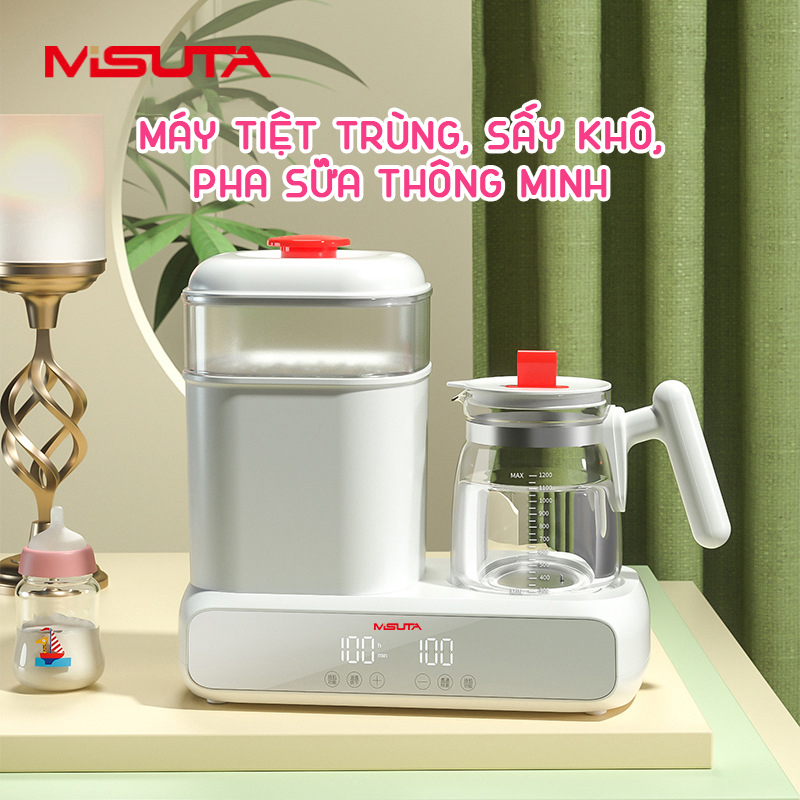 Máy tiệt trùng kết hợp đun nước pha sữa cho bé KidAndMom Misuta có tích hợp sấy khô, điều chỉnh được nhiệt độ