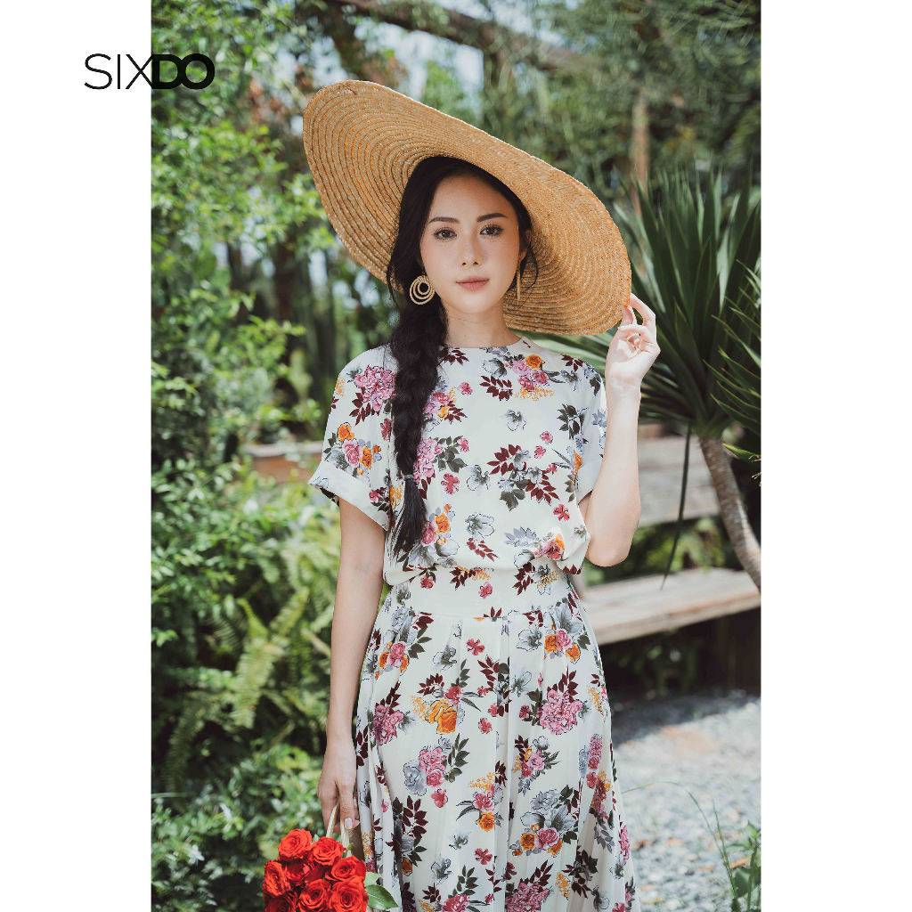 Áo lụa hoa cổ tròn trẻ trung SIXDO Cream Floral Silk Top