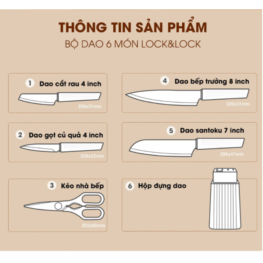 Bộ dao 6 món LocknLock CKK802 bao gồm 4 dao, 1 kéo, 1 hộp đựng màu trắng, tinh tế, tiện lợi - K-MALL