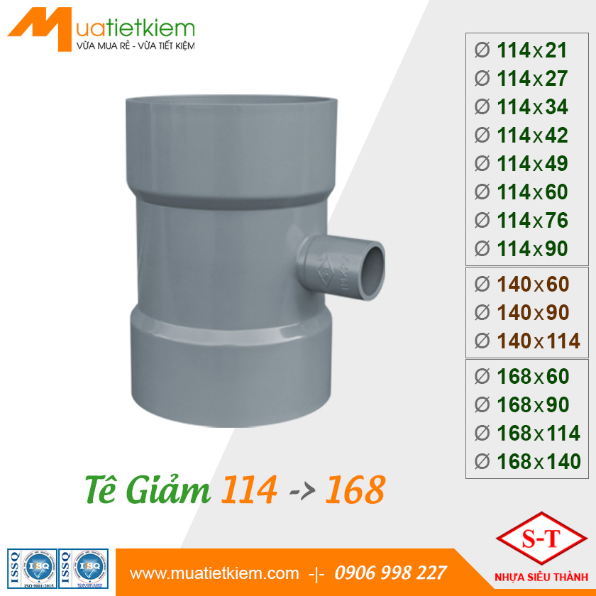 Tê Giảm PVC phi 114x2127344249607690, 140x6090114, 168x6090114140, phụ kiện ống nước