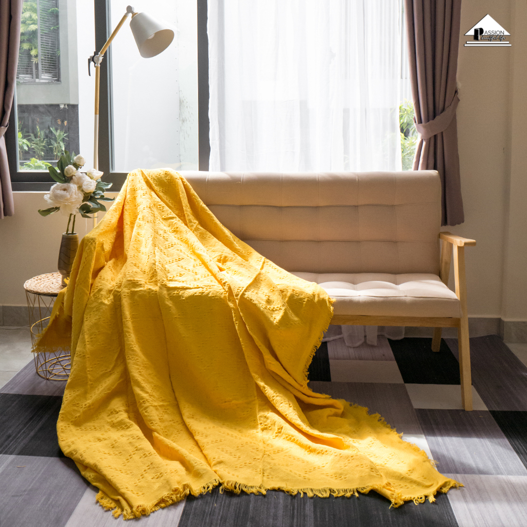 Chăn Thảm Phủ Ghế Sofa Vintage Tua Rua Màu Trơn Phong Cách Hiện Đại