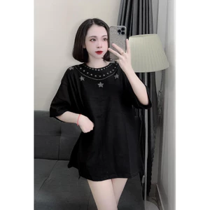Áo Phông Ngắn Tay Nam Nữ Đính Đá Lấp Lánh Hoạ Tiết Sao Quanh Cổ Siêu Đẹp,100% Chất Cotton Mềm Mát
