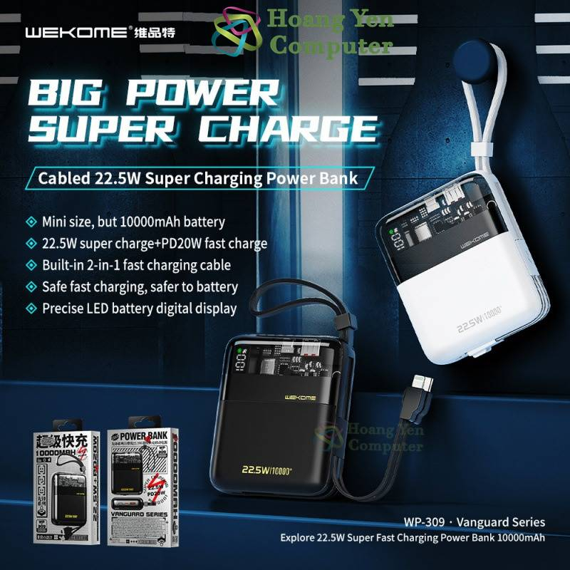 Sạc Dự Phòng Wekome WP-309 10000mAh (Sạc Nhanh PD20W, QC3.0 18W, VOOC 22.5W, Tích Hợp Cáp Sạc) - BH 1 Năm