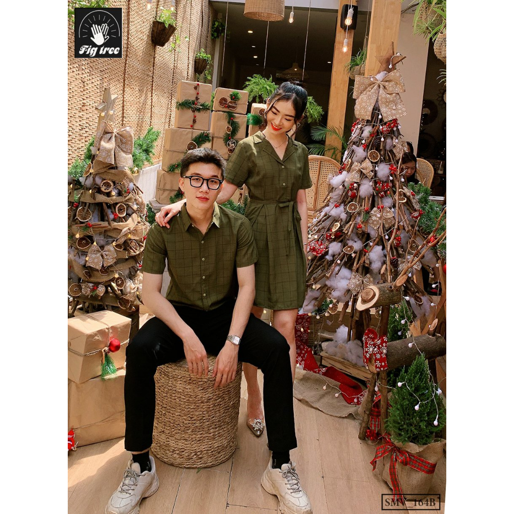 Đồ Đôi Nam Nữ Fig Tree Caro Xanh Rêu, Áo Sơ Mi Nam, Váy Nữ Cổ Vest, Hàng thiết kế ( Mã Số 164B)
