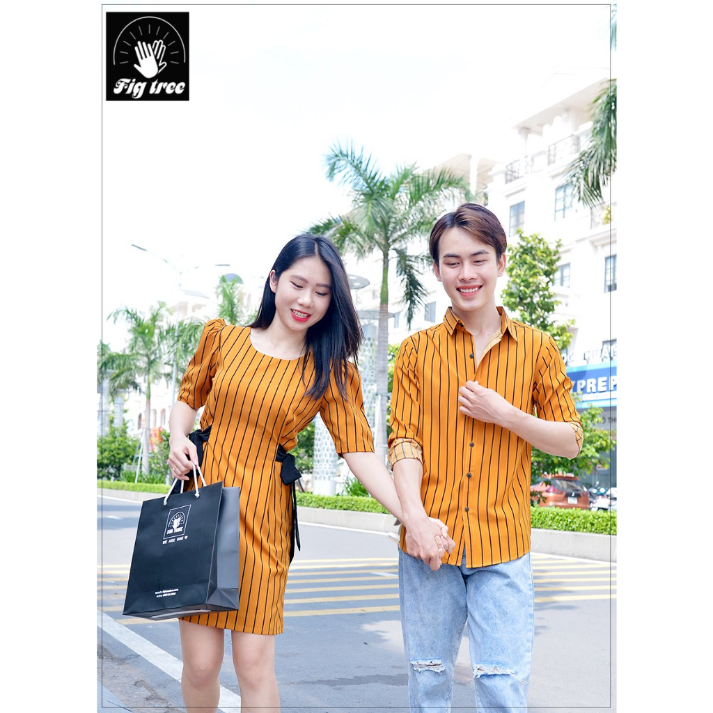 Set Sơ Mi Váy Đôi Fig Tree Sọc Đứng Vàng Mã Số 145C