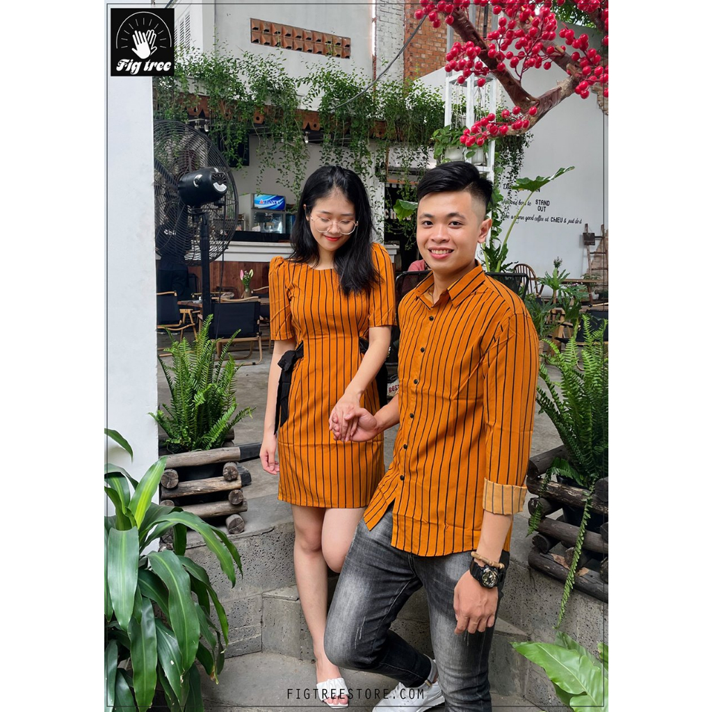 Set Sơ Mi Váy Đôi Fig Tree Sọc Đứng Vàng Mã Số 145C