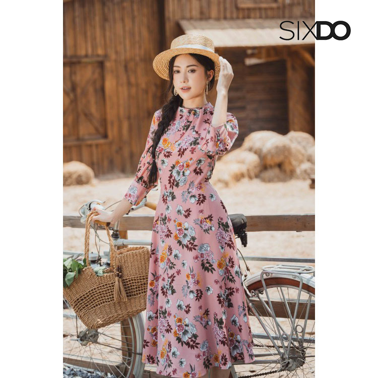 Đầm hoa lụa nhún cổ tay lỡ thời trang SIXDO Peach Pink Floral Midi Silk Dress