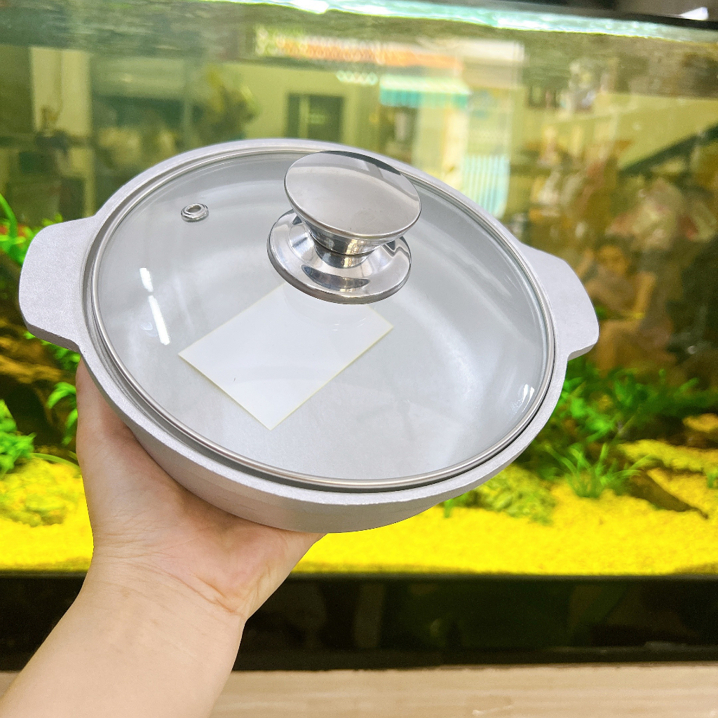 Nồi nhôm  đúc nguyên khối nắp kính 16cm - 18cm - nồi nhôm kho quẹt