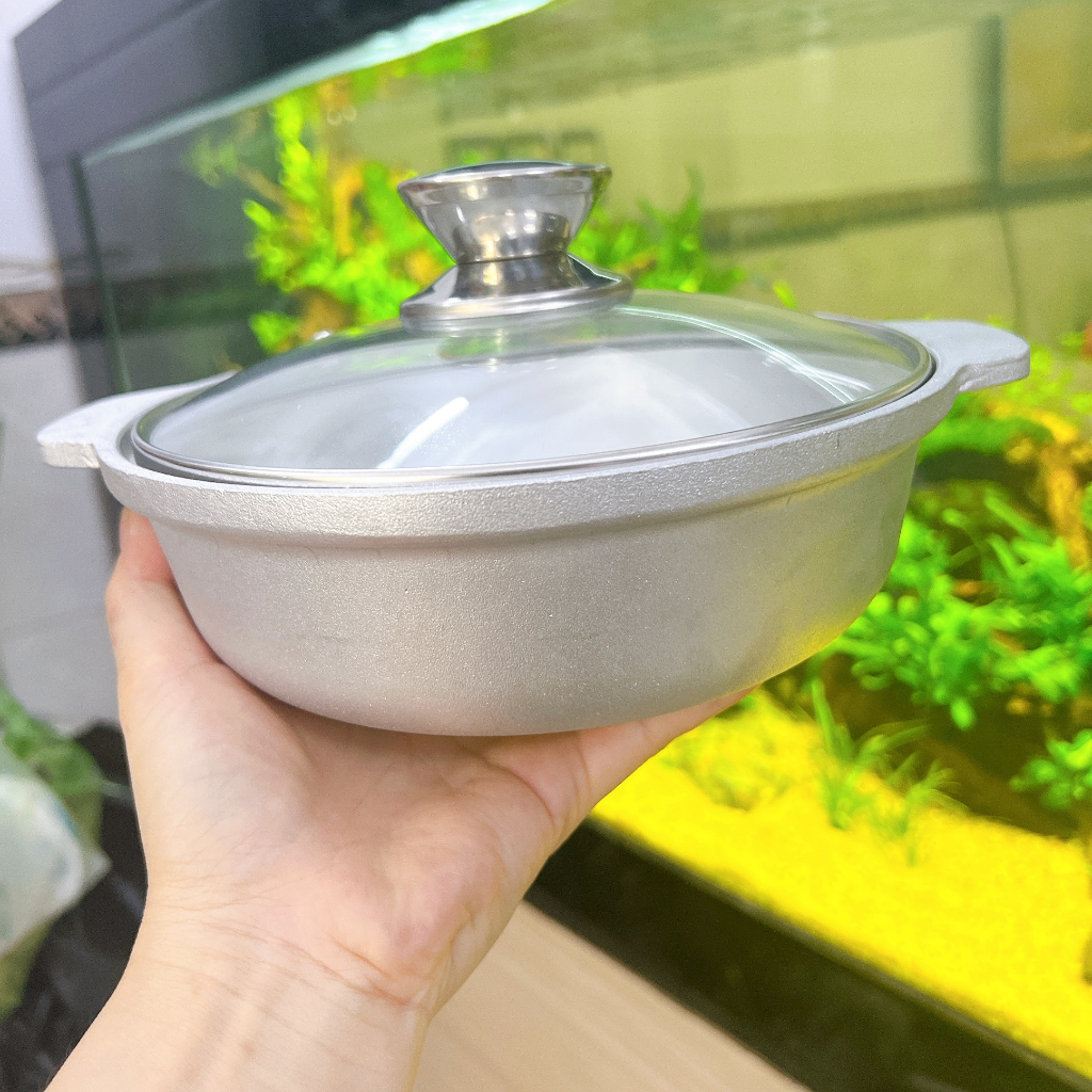 Nồi nhôm  đúc nguyên khối nắp kính 16cm - 18cm - nồi nhôm kho quẹt
